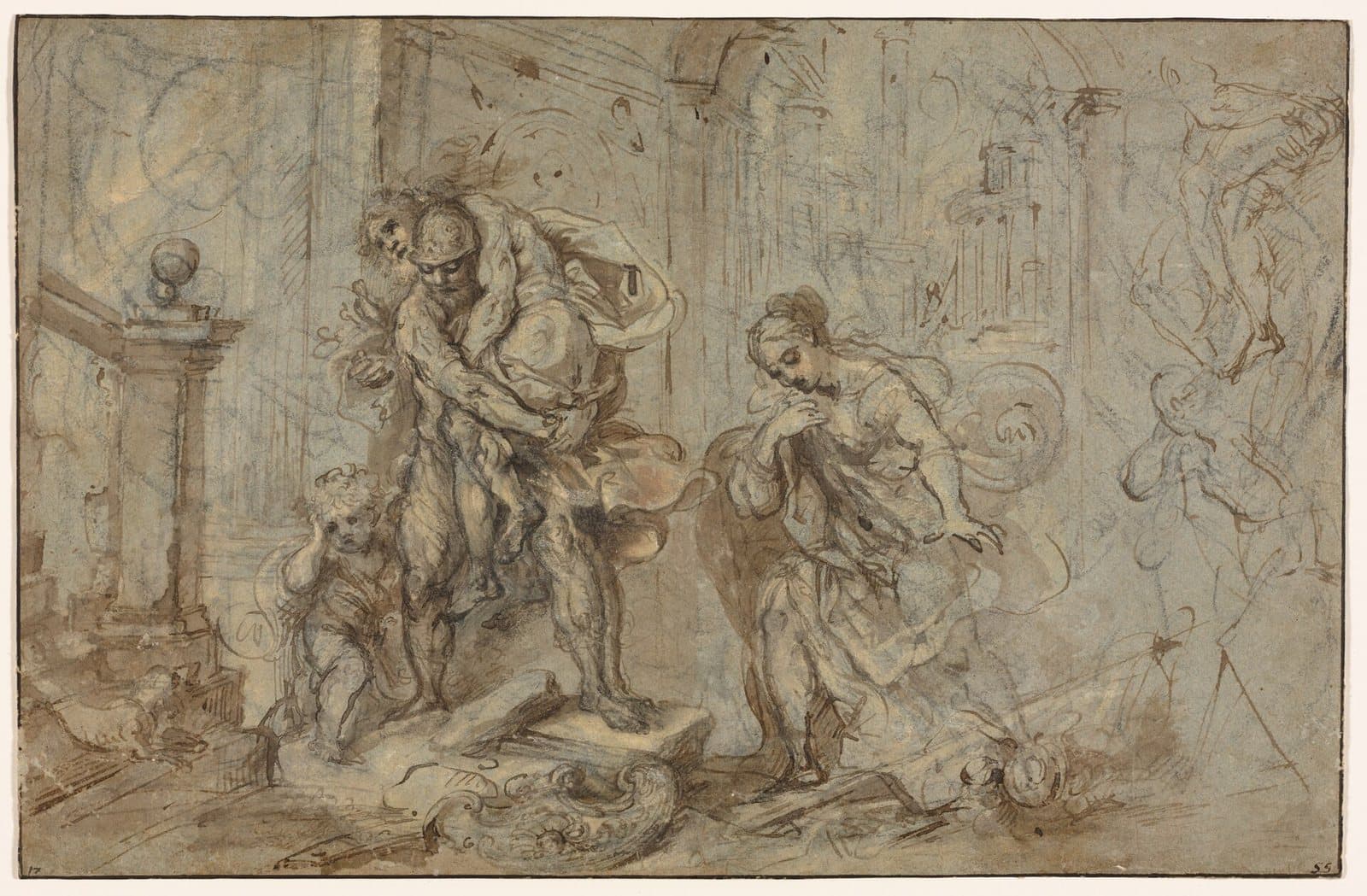 Ink and wash drawing of Aeneas carrying his old father Anchises on his shoulders out of burning Troy, his young son Ascanius at his side and his wife Creusa following