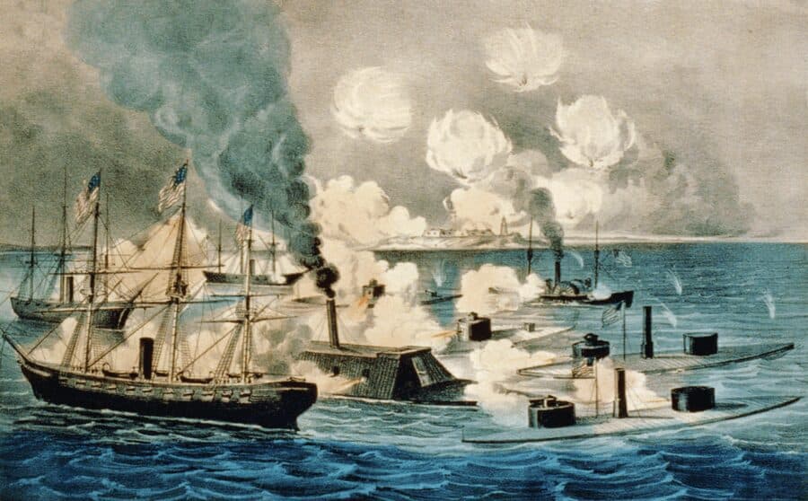 Hand-coloured lithograph of the Battle of Mobile Bay: Union warships under sail and steam exchange broadsides with a low Confederate ironclad amid smoke and splashing shot