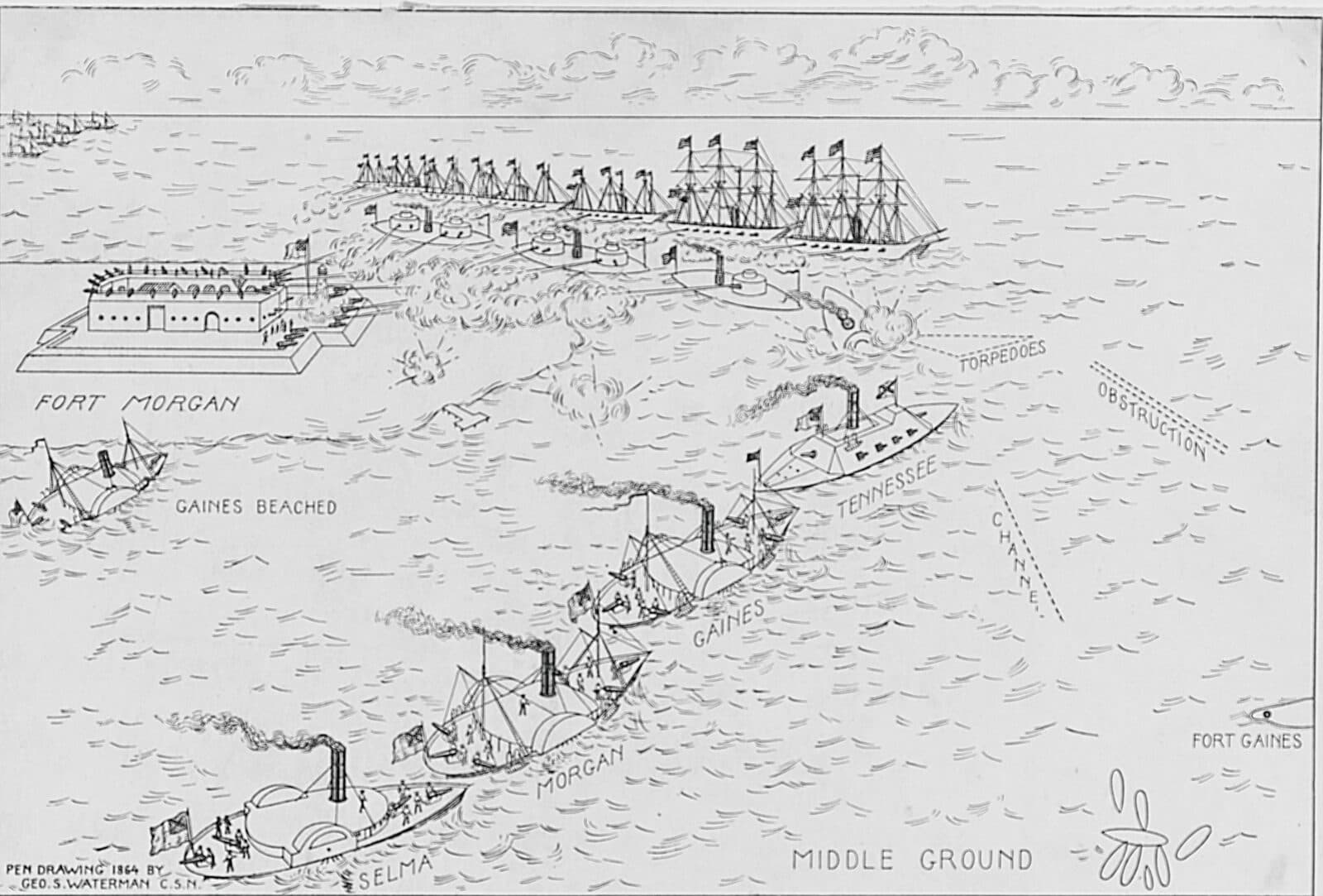Pen-and-ink bird’s-eye sketch of Mobile Bay in 1864: the Confederate ironclad Tennessee and the gunboats Selma, Morgan and Gaines in a line, Fort Morgan at left, a line of Union ships beyond, with torpedoes and obstructions marked