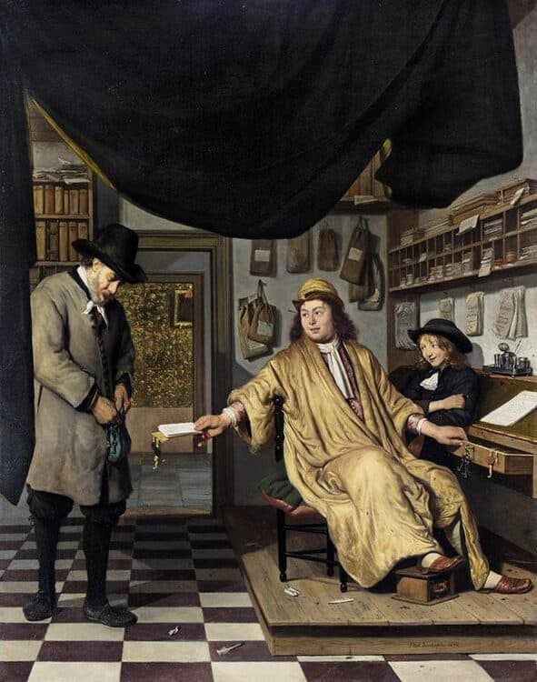 Painting of a notary’s office in 1672: a notary in a yellow gown hands a document to a man in grey, while a young clerk sits at a desk behind, and bundles of papers hang from the walls