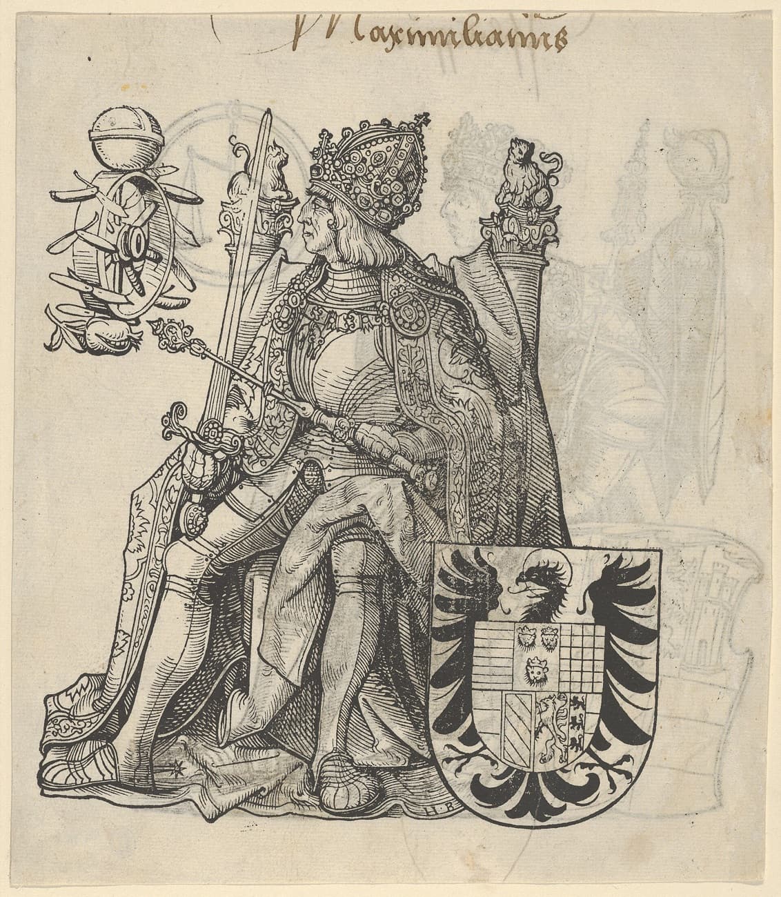 Woodcut of Emperor Maximilian I enthroned in armour and crown, holding a sword and sceptre, beside the Habsburg coat of arms