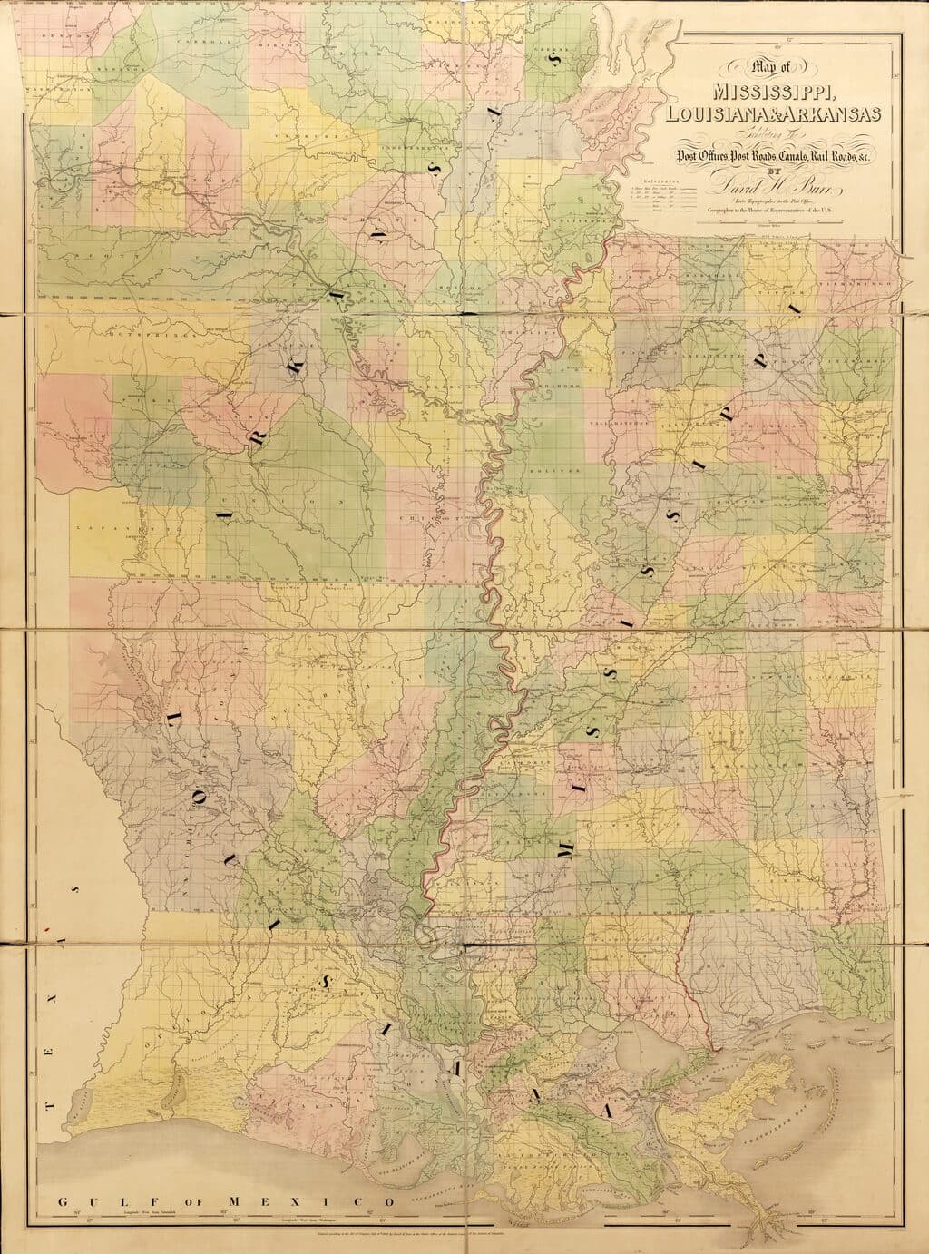Hand-coloured 1839 postal map of Mississippi, Louisiana and Arkansas with counties in pastel blocks, the Mississippi River running down the centre and post roads marked as fine lines