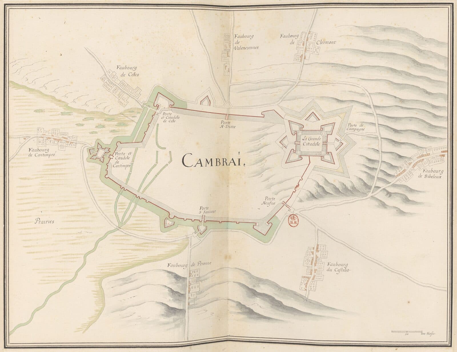 Seventeenth-century manuscript plan of Cambrai showing the walled city, the great citadel to the east, and the faubourgs on the roads out, including the Faubourg de Valenciennes to the north