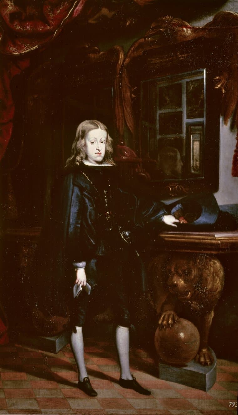 Full-length portrait of a pale young king with long fair hair, dressed in black, resting one hand on a table supported by a carved lion, with a mirror behind him
