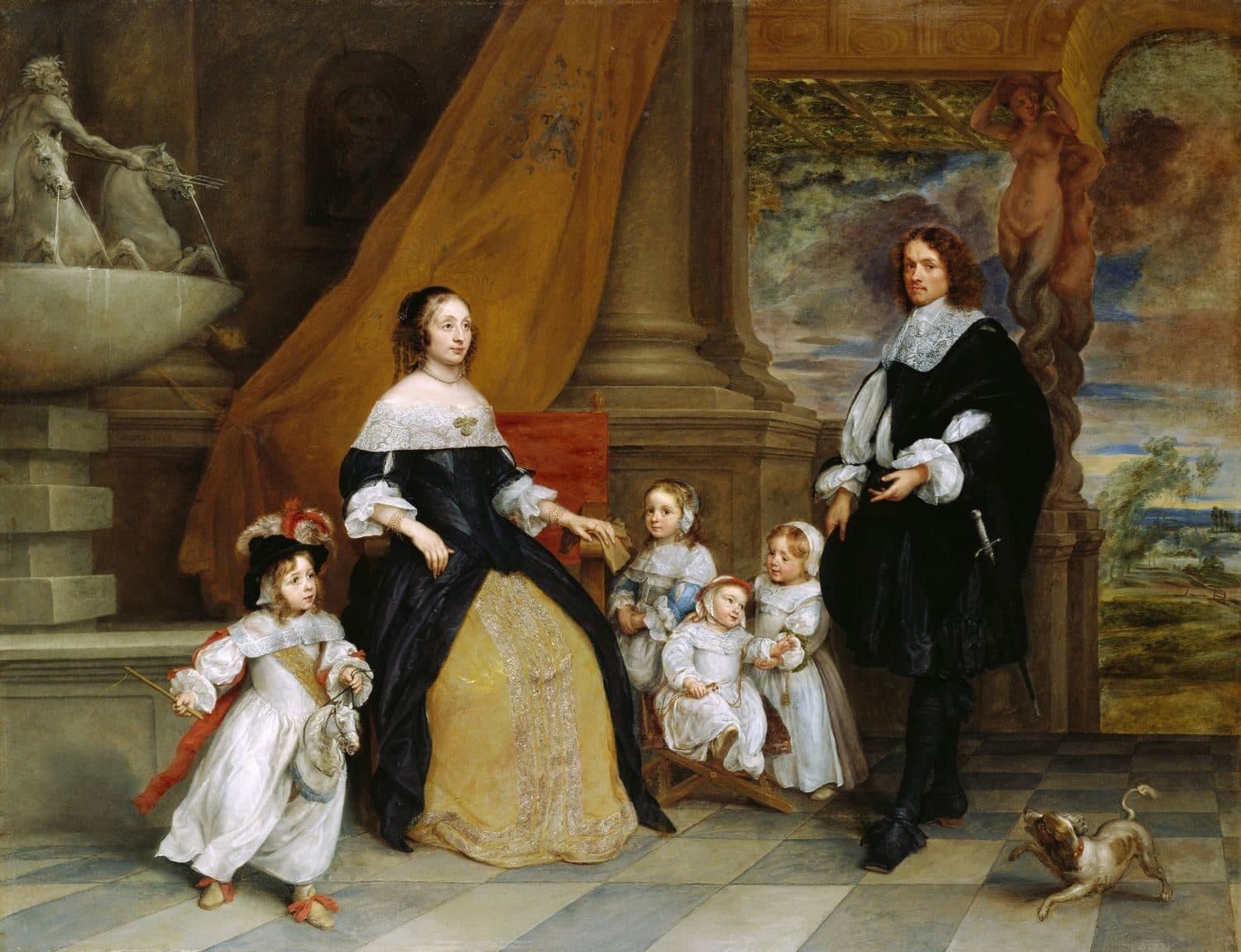 Flemish family portrait of 1664: a seated mother in a black-and-gold gown, a standing father in black with lace collar, and four small children, one on a hobby horse, on a tiled terrace