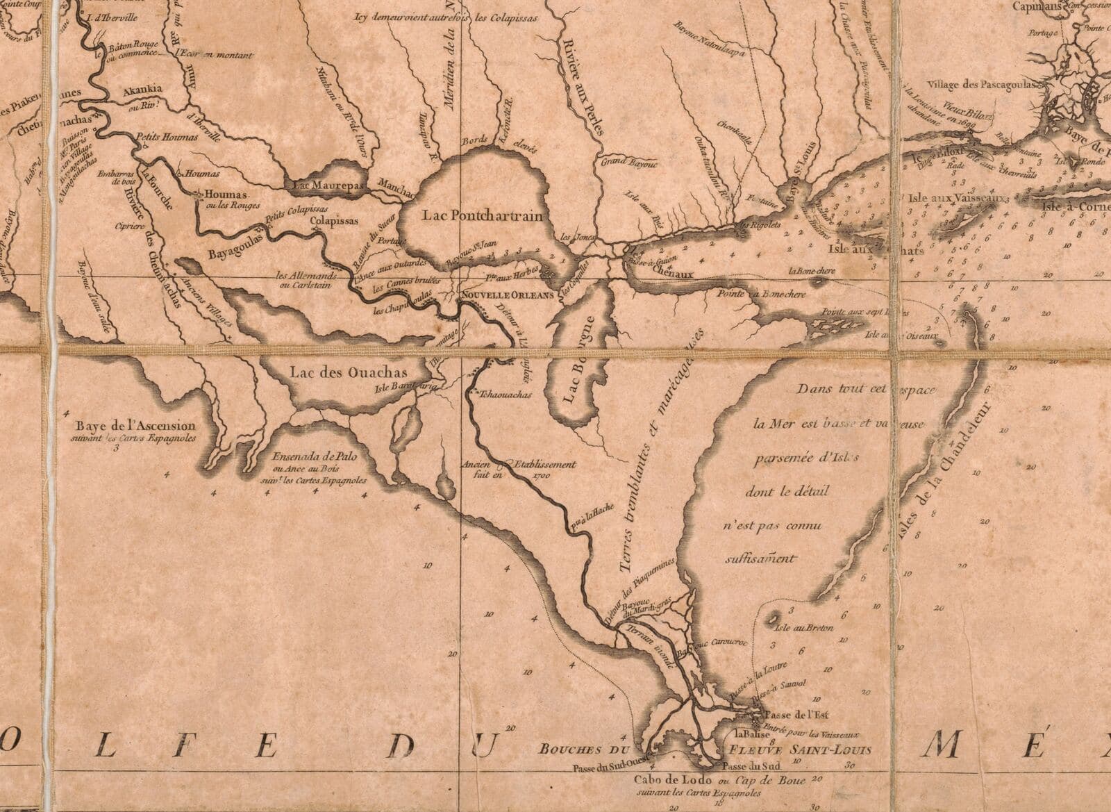 Detail of a 1752 French map of lower Louisiana: the Mississippi winding past Nouvelle Orléans to the Gulf, with Lac Pontchartrain above and the settlement marked “les Allemands ou Carlstain” on the river above the city
