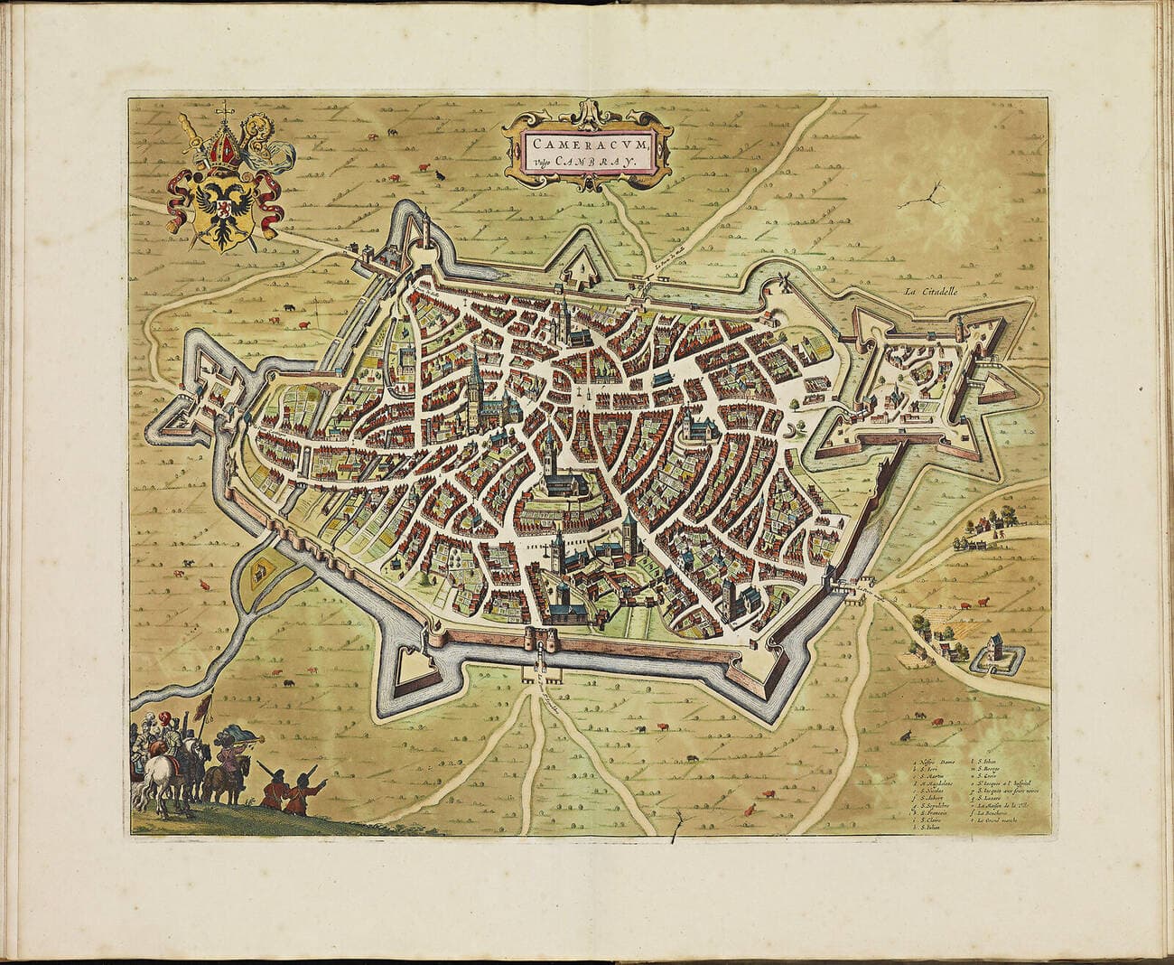 Hand-coloured bird’s-eye plan of the walled city of Cambrai around 1698, with its star-shaped bastions, citadel at right, and church towers rising among the red-roofed blocks