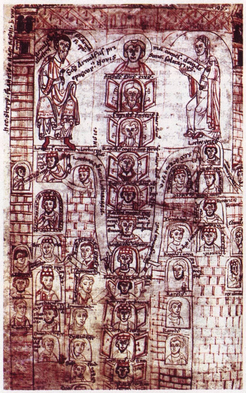 A medieval manuscript drawing of the Carolingian family as a tree of portrait busts in arched frames, rising through a central column with branches to each side