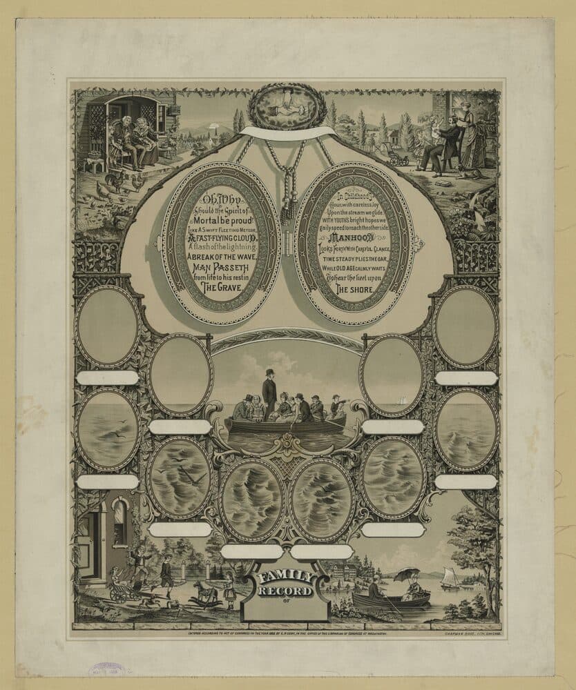 Ornate 1888 lithograph titled Family Record, with blank oval frames for names arranged above a boat full of people on a river, surrounded by scenes of childhood and old age