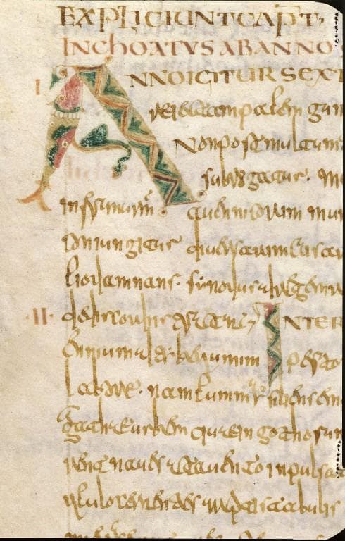 A parchment manuscript page in early medieval script, with a decorated initial A in green, red and gold