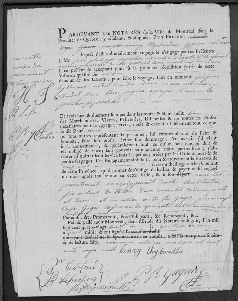 Printed eighteenth-century engagement form with handwritten insertions: Pardevant les notaires de la ville de Montréal, henry Thybaudau garçon cordonnier, and signatures including henry Thybaudau, Gab. Cerré and P. R. Gagnier