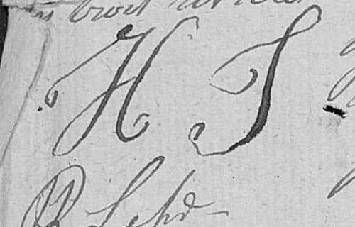 Close-up of two looped manuscript initials in the margin of an eighteenth-century document, read as H T