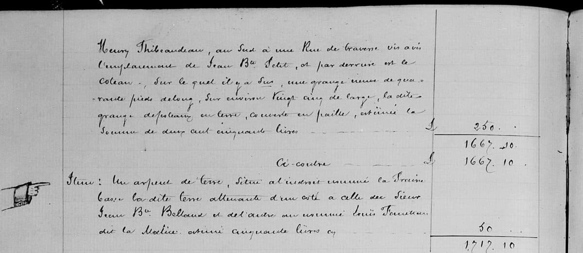 Detail of a nineteenth-century French manuscript copy of an inventory, beginning Henry Thibeaudeau, au Sud à une rue de traverse, with valuations in livres in the right column
