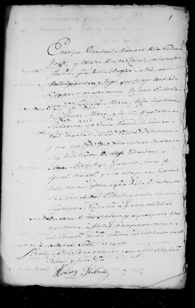 Handwritten Spanish petition of 1793 on a torn page, a full paragraph in a clerk’s hand ending in the signature Henrey Thebodo