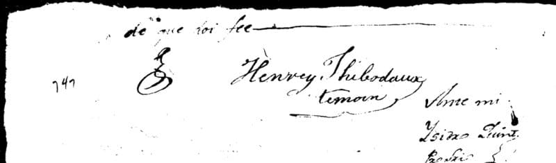 Detail of a 1796 Spanish church document: the words de que doy fee, a notary’s rubric, and the signature Henrey Thibodaux témoin