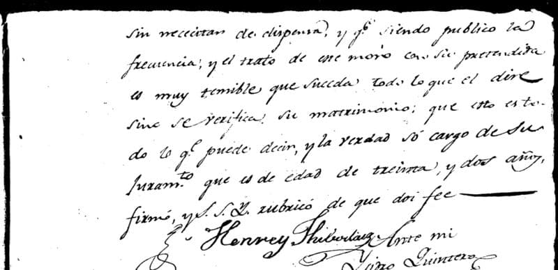 Detail of a 1798 Spanish deposition ending with the words que es de edad de treinta y dos años, firmó, and the signature Henrey Thibodaux