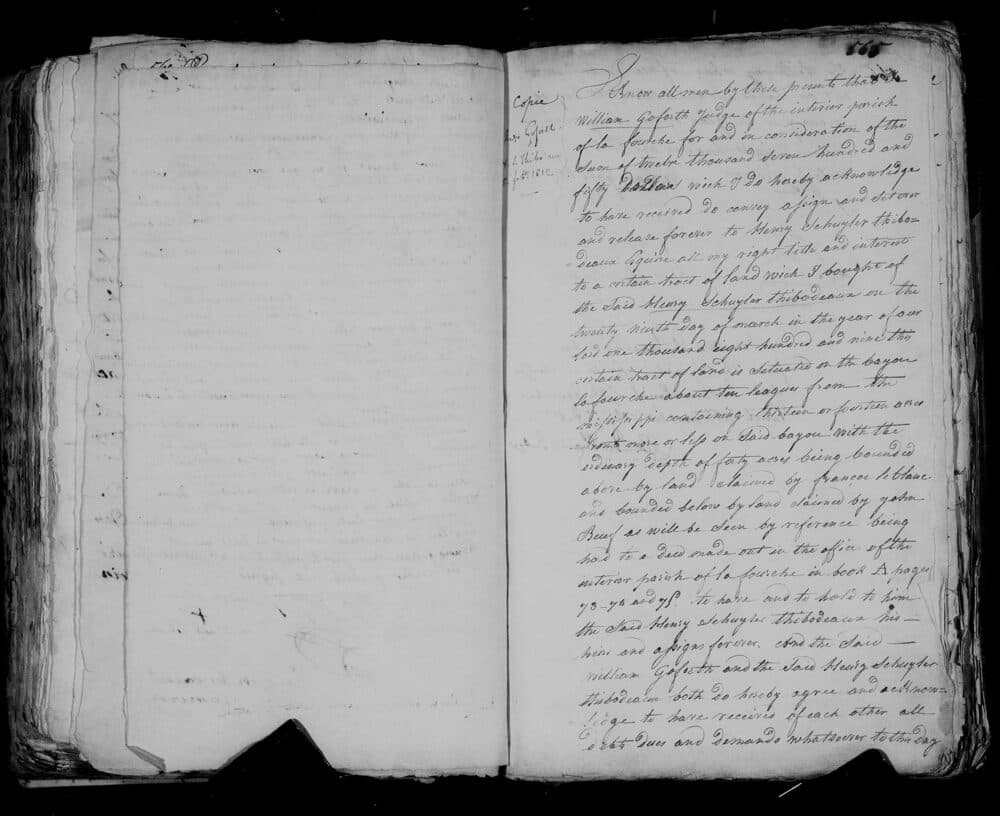 Handwritten English deed of 1812, Know all men by these presents that I William Goforth Judge of the interior parish of Lafourche, conveying land to Henry Schuyler Thibodeaux
