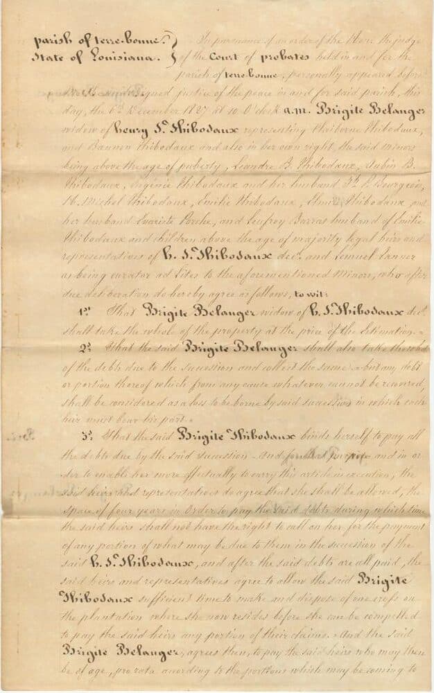 First page of a handwritten 1827 Louisiana court record of a family meeting on the succession of H. S. Thibodaux, naming the widow and heirs