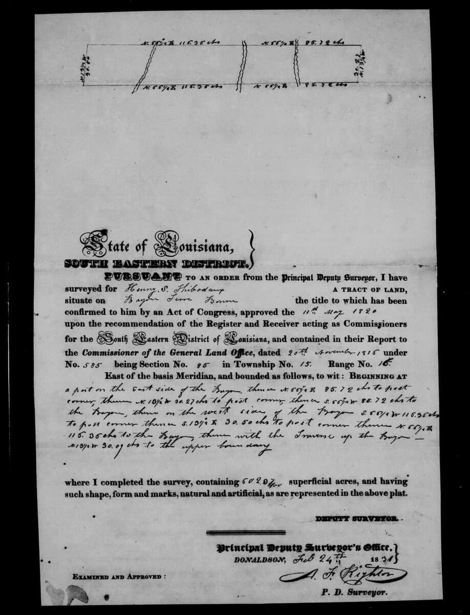 Surveyor’s plat of 1831 showing a long tract on both banks of Bayou Terrebonne with bearings and chain lengths, and the certificate of A. F. Rightor, principal deputy surveyor