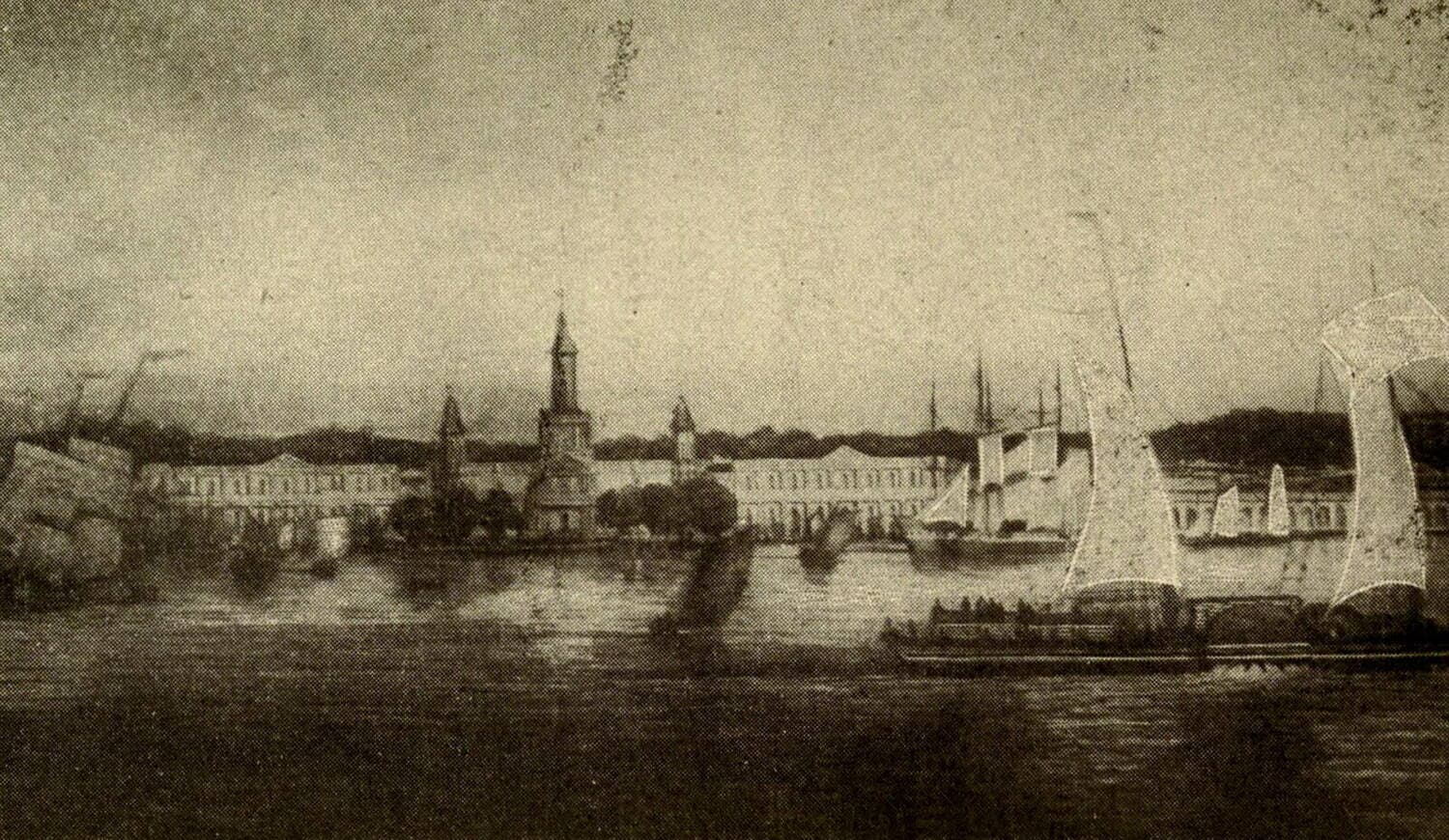 Faded nineteenth-century view of New Orleans from the Mississippi about 1840: sailing ships and a steamboat in the foreground, the cathedral spire and the long low buildings of the Place d’Armes behind