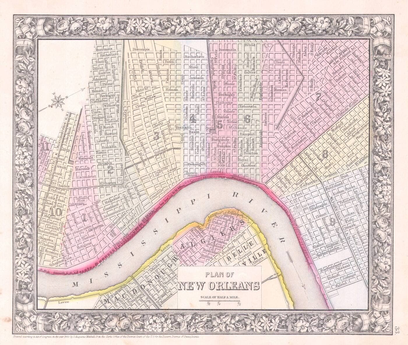 Hand-coloured 1860s plan of New Orleans showing the city’s numbered districts on the east bank of the Mississippi and the streets of Algiers and McDonogh on the west bank across the river bend