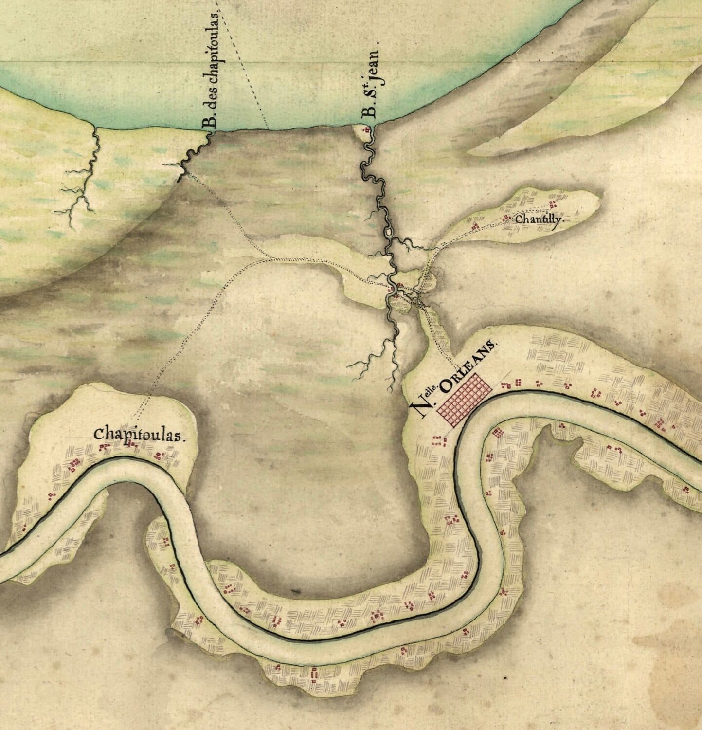 Hand-drawn 1749 map of New Orleans and its surroundings: the small grid of the town on a bend of the Mississippi, plantations marked along both banks, Bayou St. Jean running north to the lake, and Chapitoulas upriver