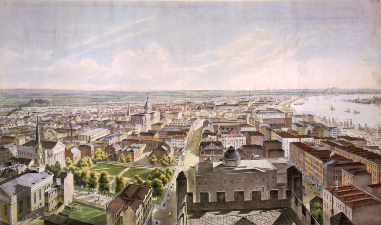 Hand-coloured bird’s-eye lithograph of New Orleans in 1852, looking over rooftops, a church spire and a tree-lined square toward the crescent of the Mississippi crowded with steamboats