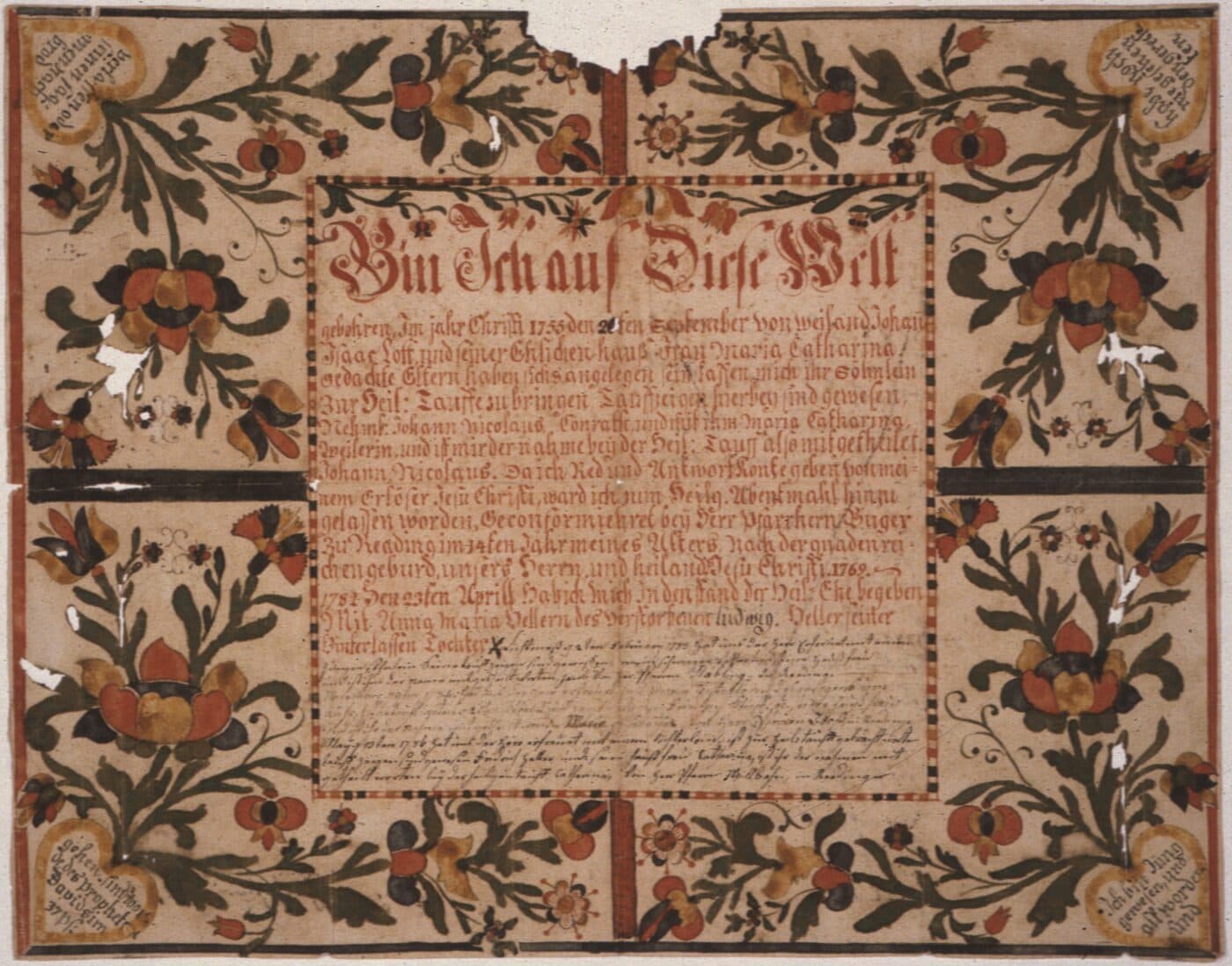 Hand-painted family record in German Fraktur script with red and green floral borders, recording a man’s birth in 1755, his baptism, confirmation and marriage