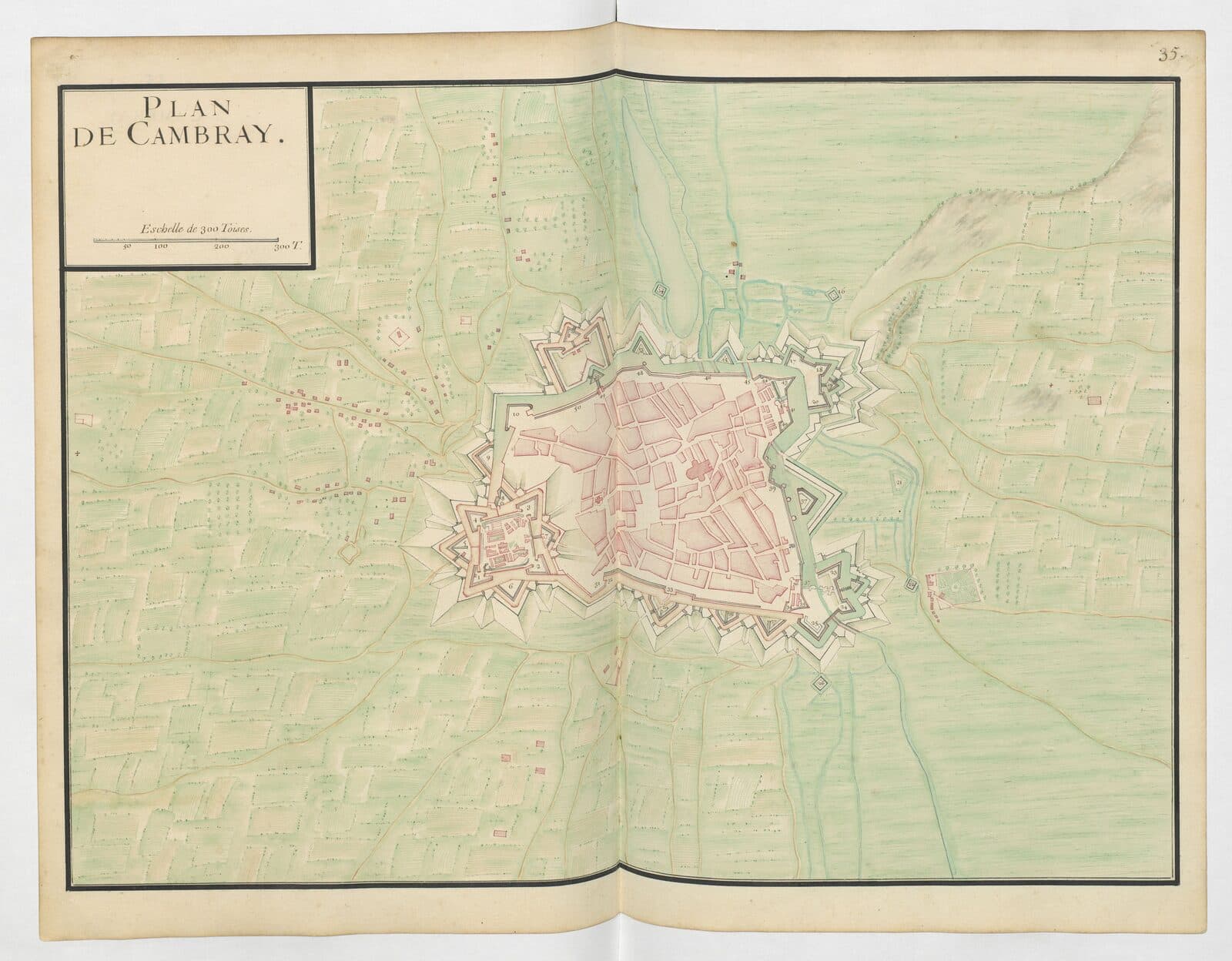 Watercolour plan of Cambrai in 1693: the star-shaped fortifications and citadel in pink and green, the city blocks inside, and the surrounding fields and roads