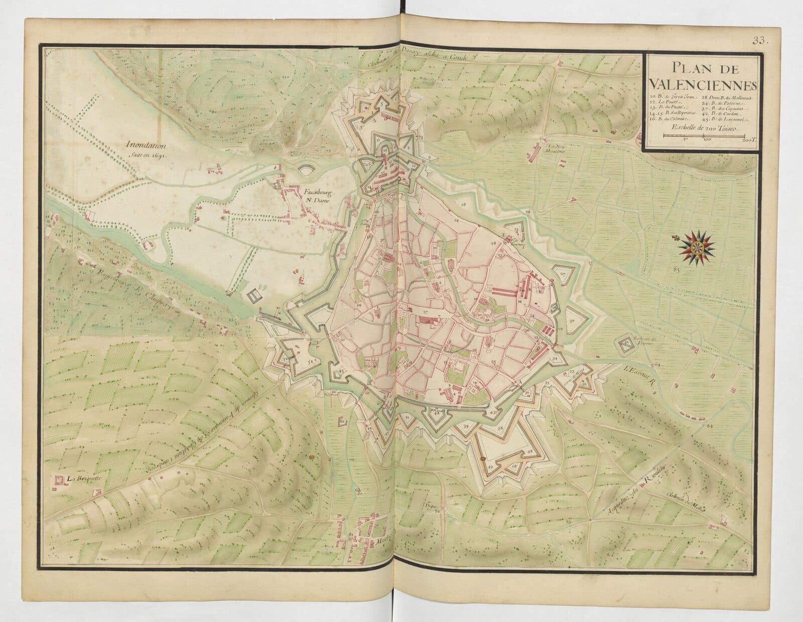 Watercolour plan of Valenciennes in 1693 showing the walled city and its bastions on the Scheldt, surrounding fields and the inundation made in 1691 to the north-west