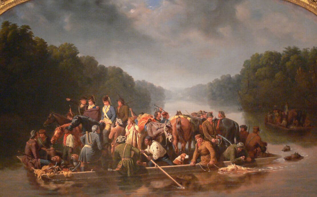 Painting of Francis Marion’s militia crossing a river on a crowded flatboat with horses, dogs and men in rough frontier dress, a second boat following behind