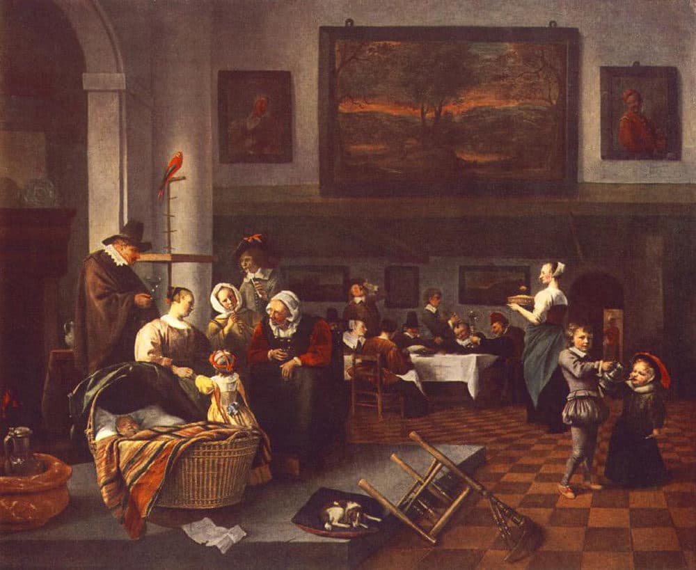 Seventeenth-century Dutch interior at a christening: a newborn asleep in a wicker cradle, the mother and godmother beside it, a man in a tall hat arriving, relatives at a table behind and children playing on the tiled floor