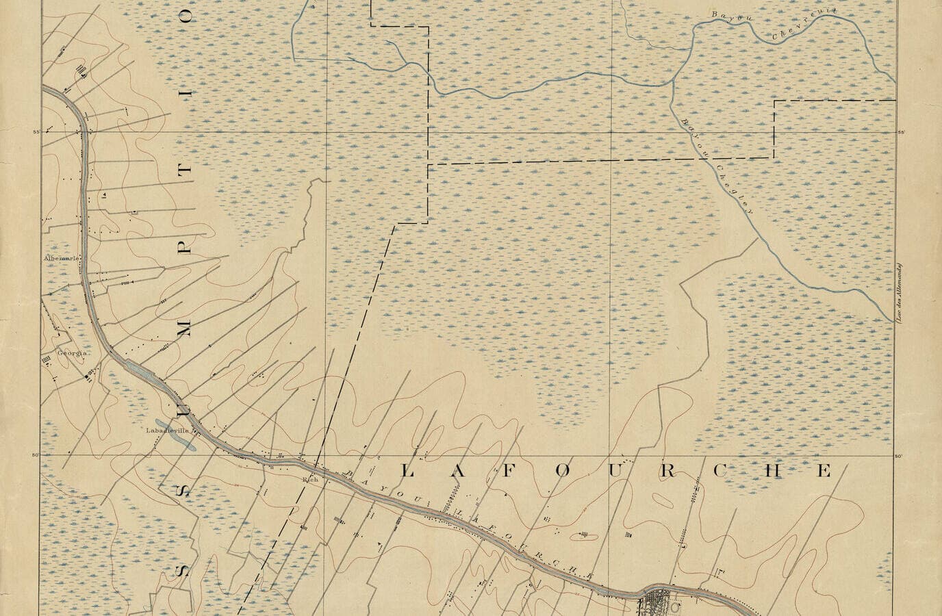 Detail of an 1890 topographic survey sheet showing Bayou Lafourche winding through long narrow plantation lots, with swamp symbols on either side and the edge of the town of Thibodaux at the bottom