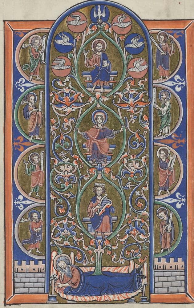 Illuminated manuscript page of about 1218: a Tree of Jesse, with Jesse asleep at the foot, a king and the Virgin seated in the vine above him, and prophets in roundels at the sides
