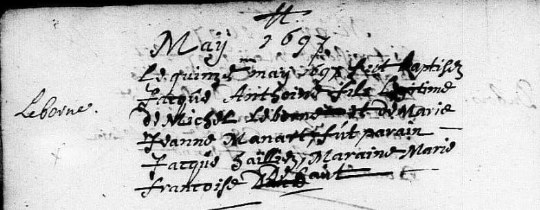 Handwritten French baptism entry of Jacques Anthoine, son of Michel Leborne and Marie Jeanne Manart