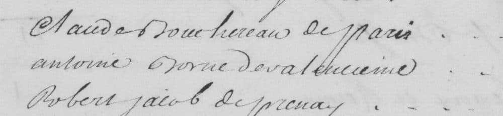 Handwritten passenger roll line reading antoine Borne de valencienne