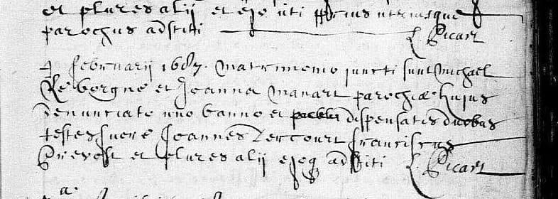Latin marriage entry of Michael Le borgne and Joanna Manart, 4 February 1687