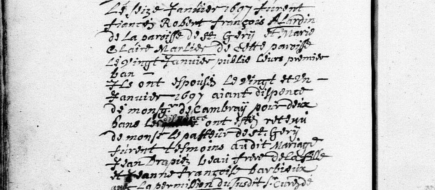 Handwritten marriage entry from January 1697 in the Notre-Dame-de-la-Chaussée register