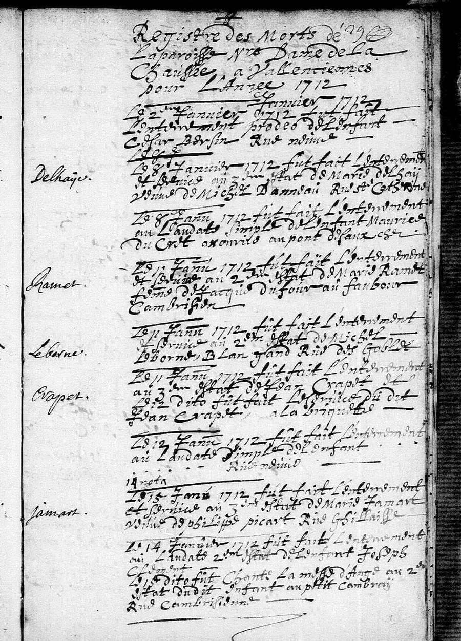 Handwritten page of the 1712 burial register of Notre-Dame-de-la-Chaussée, Valenciennes, with the name Leborne written in the margin